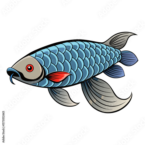 Stylized Blue Arowana Fish Illustration with Red Eye and Barbels Featuring Detailed Scales and Fins Isolated on a White Background Perfect for Graphic Design Projects