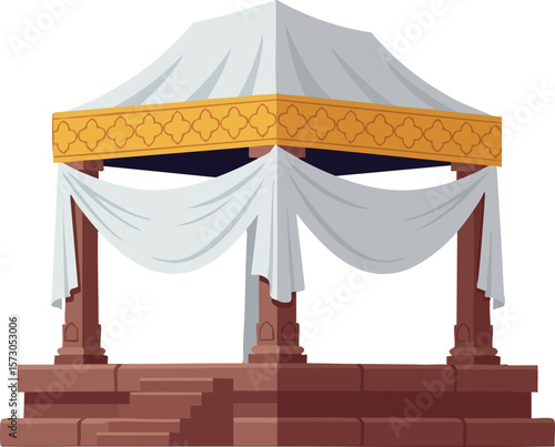Pavilion with white draped fabric and golden trim on stone platform vector architectural design element for outdoor events and decoration