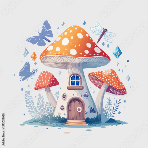 enchanted fairy garden icons with toadstool house, crystal dew drops, and dancing fireflies