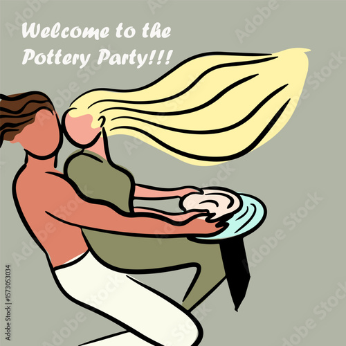 Pottery workshop flyer concept, card, invitation, pottery party. Hand drawn flat, line, abstract vector illustration.