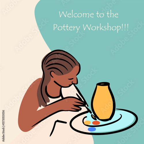 Pottery workshop flyer concept, card, invitation, pottery party. Hand drawn flat, line, abstract vector illustration.