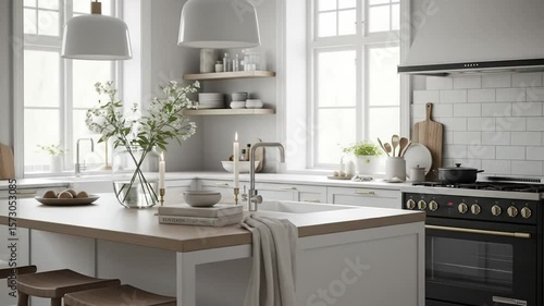 Modern bright kitchen interior with clean minimalist design and natural decorative elements