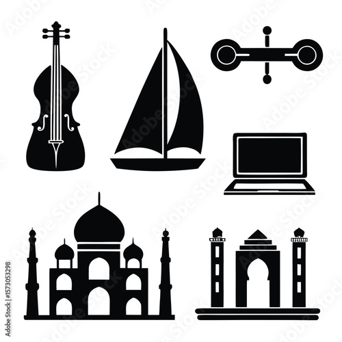 Cello sailboat gimbal laptop Taj Mahal gateway vector