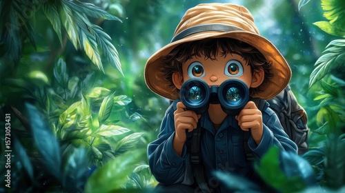 Fototapeta Naklejka Na Ścianę i Meble -  Boy explorer with binoculars in lush jungle.