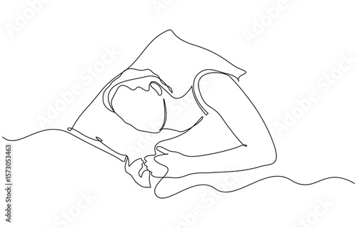 Woman sleeping on pillow bed continuous one line drawing. Sleeping woman in single line art, Sleeping woman in single line art illustration. Editable vector.
