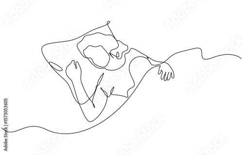 Continuous single line sketch drawing of woman sleeping on pillow bed one line lifestyle vector, Female character is napping in bed. Continuous line drawing editable outline.