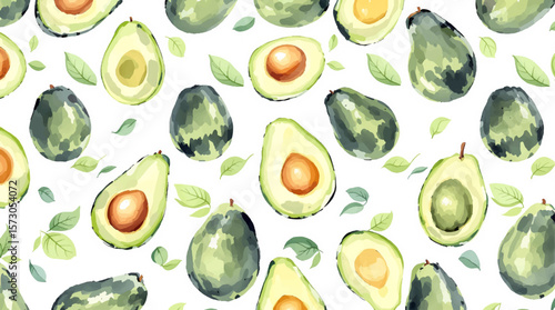 Avocado Watercolor, Watercolor background pattern avocado on white background	