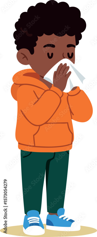 Obraz premium Boy blowing nose with tissue wearing orange hoodie and blue shoes vector illustration