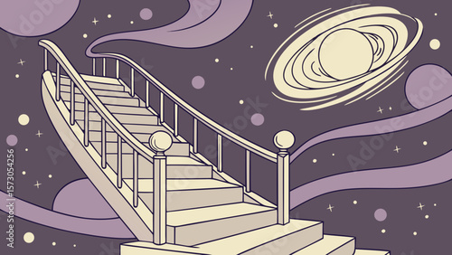 Stairway leading to a planet with rings in a cosmic space with stars and nebulous clouds art
