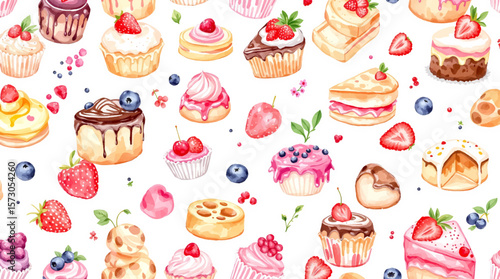 Watercolor Sweet desserts pattern on white background