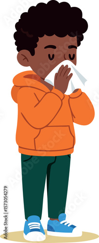 Boy blowing nose with tissue wearing orange hoodie and blue shoes vector illustration