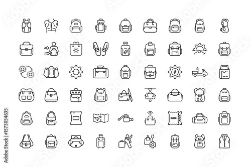 Collection of Minimalist Line Art Icons Depicting Various Types of Bags and Luggage
