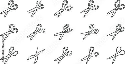 Vector illustration:  Fifteen simple line art scissor icons.