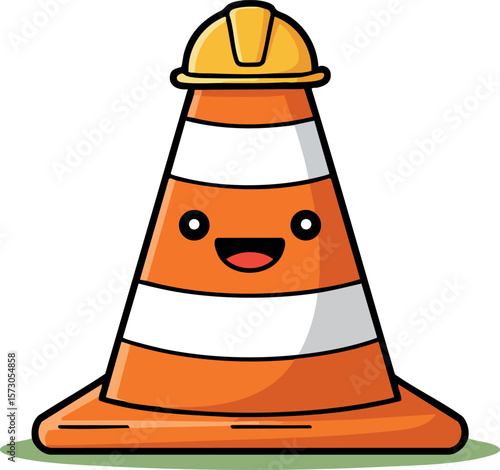 Traffic cone wearing yellow safety helmet cartoon character with happy face vector graphic design illustration