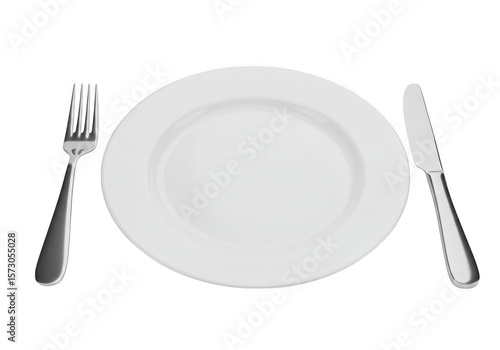 A clean white dinner plate with a fork and knife isolated on transparent background