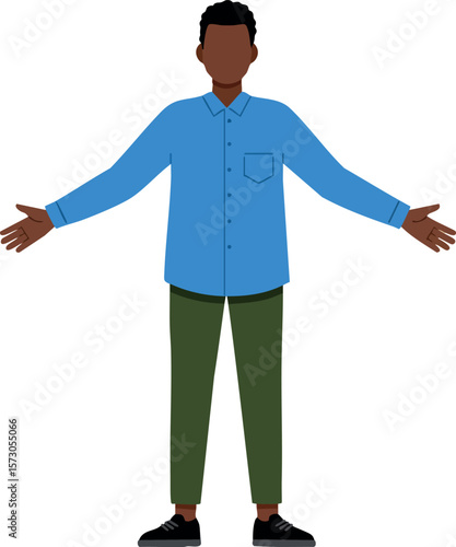 Man wearing blue shirt and olive pants standing with arms open in welcoming gesture vector illustration