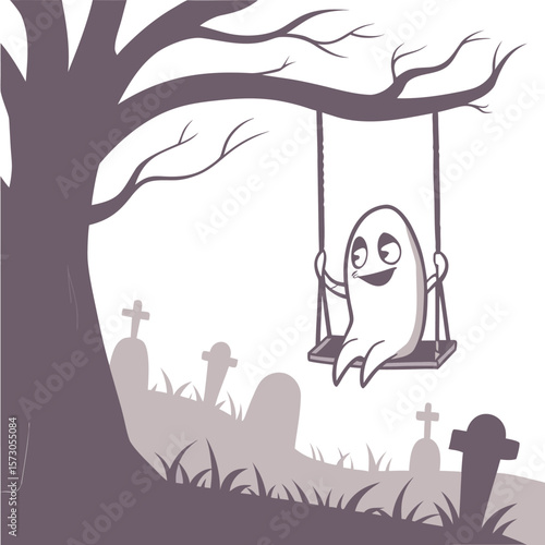 A cartoon ghost is happily swinging from a tree in a graveyard with tombstones and grass around it