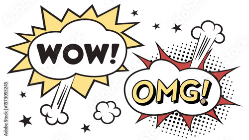 Illustration of two comic speech bubbles with wow and omg text on a white background with stars