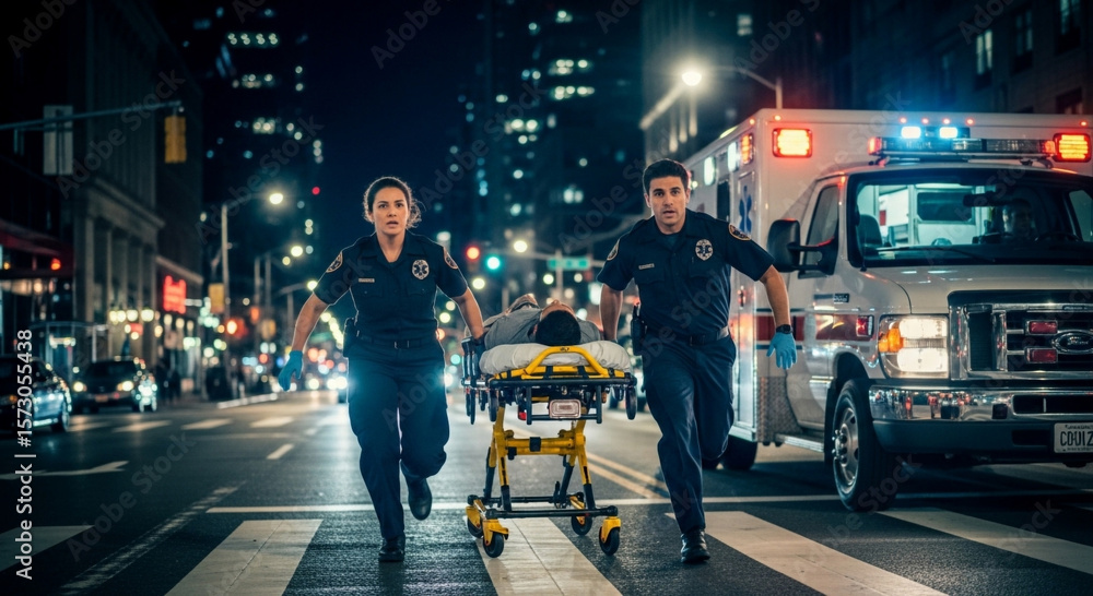 Naklejka premium Paramedics rushing a patient on a stretcher into an ambulance on a busy city street at night.