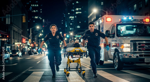 Paramedics rushing a patient on a stretcher into an ambulance on a busy city street at night.