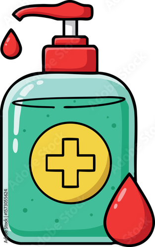 Hand sanitizer bottle with red pump and drops for hygiene and health protection vector illustration