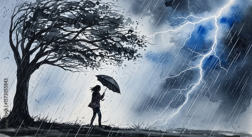 Facing the Storm – Dynamic Watercolor Scene of Strength and Emotional Resistance