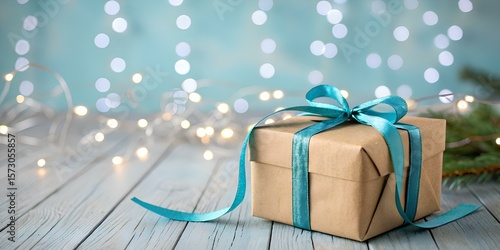 Kraft paper gift box tied with teal ribbon on wooden surface with bokeh lights