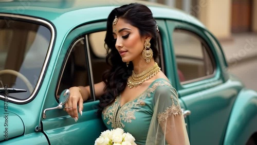 Elegant Indian woman in traditional attire and jewelry posing confidently beside vintage teal car, graceful South Asian fashion with timeless cultural charm, Generative ai.