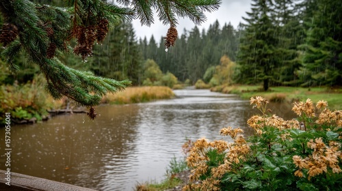 A serene pond framed by a pine tree in the background under a gentle rainfall creating a peaceful landscape