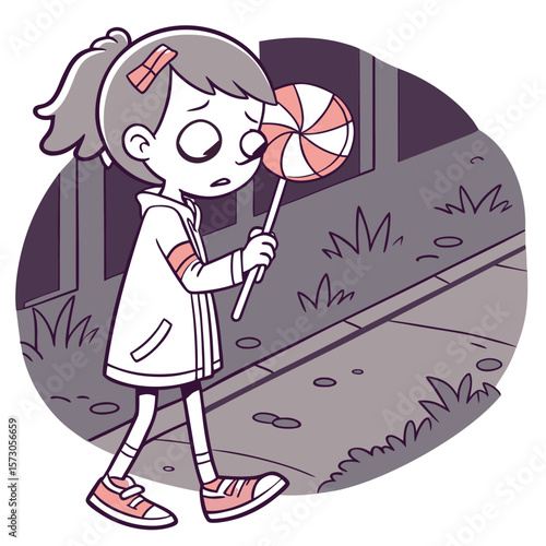 Illustration of a sad girl holding a lollipop while walking on a sidewalk near a building and grass