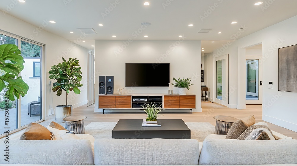 Fototapeta premium Contemporary family hall with a minimalist design featuring clean lines white walls a stylish entertainment center modern lighting fixtures and decorative plants placed strategically around the room