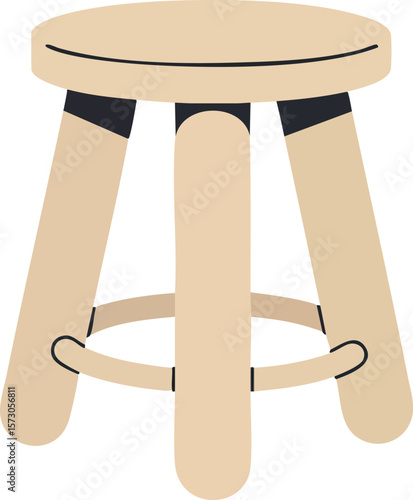 Wooden stool vector illustration with round seat and three legs for furniture and interior design