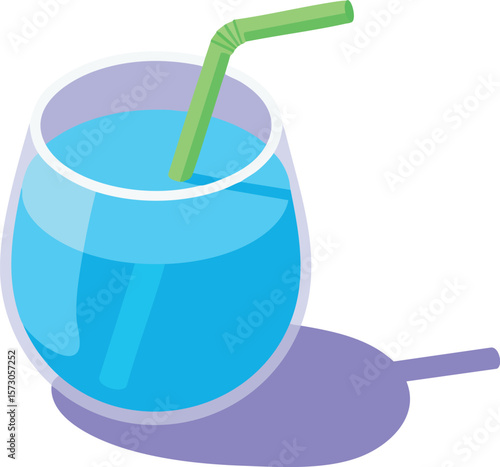 Blue drink in rounded glass with green straw casting purple shadow vector illustration