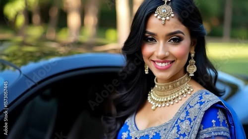 Smiling Indian woman in blue lehenga with traditional jewelry posing beside luxury car outdoors, elegant Indian bridal fashion and cultural beauty concept, Generative ai.