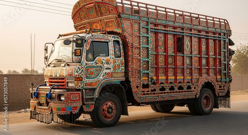Ornate Pakistani Truck, Vibrant Painted Decor, Roadside Scene