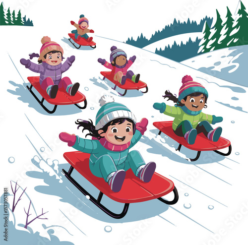 Joyful children sledding down a snowy hillside in a vibrant winter scene