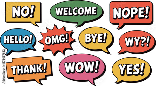 Speech bubbles with various greetings and exclamations welcome