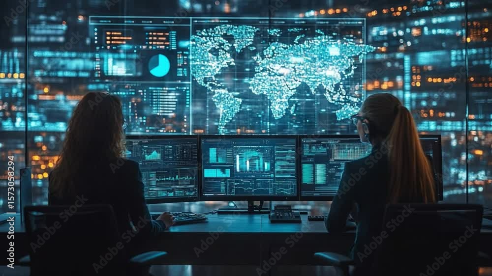 Cybersecurity professionals: The image captures a professional scene of skilled individuals focused on monitoring a massive amount of data in real-time. Cybersecurity professionals: The image captures a professional scene of skilled individuals focused on monitoring a massive amount of data in real-time.