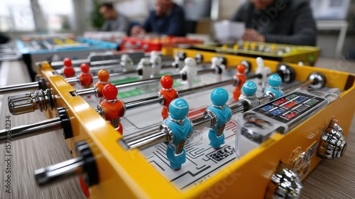 Wallpaper Mural This vibrant foosball table showcases a thrilling game, featuring detailed player figurines in bright colors ready for an exciting match, capturing the spirit of competition and camaraderie during le Torontodigital.ca