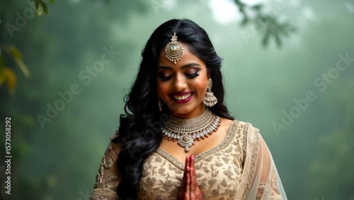 Joyful Indian woman in traditional bridal lehenga smiling brightly while performing namaste gesture outdoors, elegant cultural celebration of grace and gratitude, Generative ai.