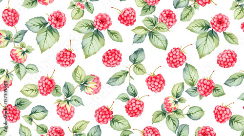 Watercolor pattern featuring raspberries white background	