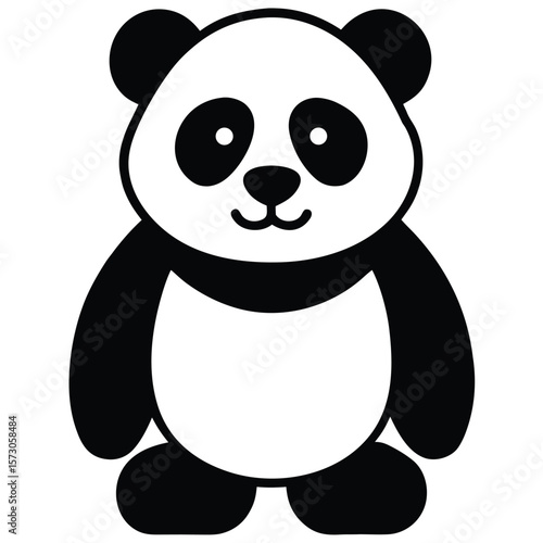Monochrome panda stands cheerfully facing forward with black ears against a transparent background