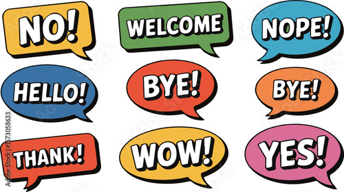 Yellow blue green red orange pink speech bubbles with words text communication