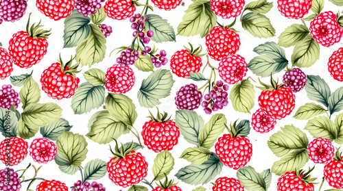 Watercolor background pattern raspberry on white background
