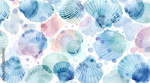 Watercolor shells pattern on white background