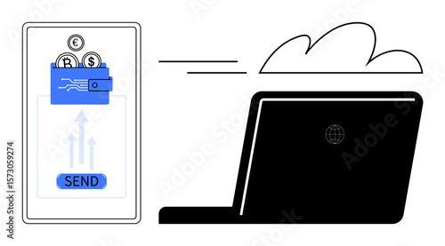 Smartphone with digital wallet sending euro, bitcoin, and dollar currencies to online system through cloud. Ideal for fintech, banking, cryptocurrency, transactions, e-commerce, online payments