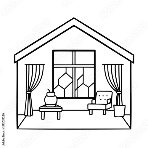 House interior with window curtains armchair table plant pot vector