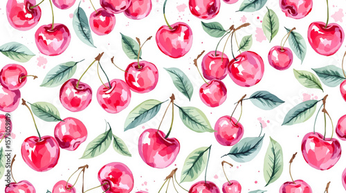 Watercolor red cherries on white background seamless vector pattern	