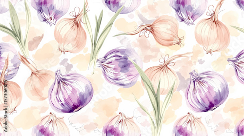 Garlic harvest watercolor seamless pattern. Many vegetable bulbs repeat background. Hand drawn realistic kitchen food backdrop in beige colors for spice recipes, cookbooks and cooking designs