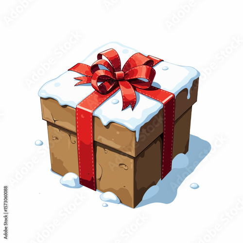 Cartoon gift box with snow and red ribbon on white background  
